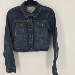 Old Navy Women's Cropped Denim Trucker Jacket Blue Jean Button Front Size Small